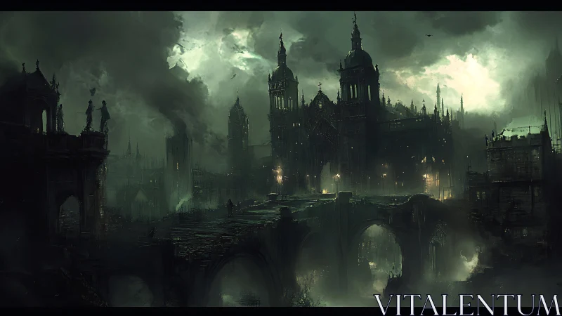 Gothic cathedral dominates a fog shrouded dystopian cityscape