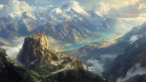 Mountain citadel above a bright river valley of wonder.