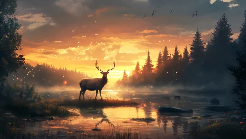 Stag of the misted river basking in molten sunrise glow.