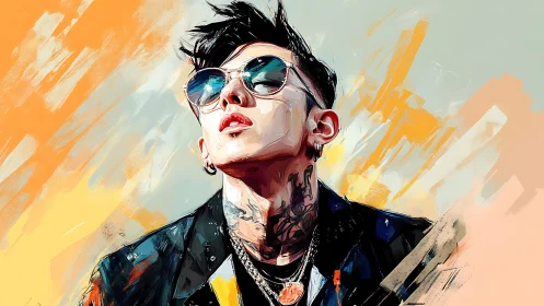 Tattooed man in sunglasses painted with bold digital strokes