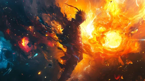 Silhouette figure stands before intense abstract fire sphere