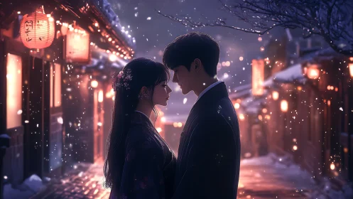 Two figures stand closely in a snowy, lantern-lit street at dusk