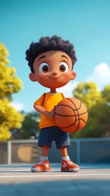 Sunny court moment with stylized kid holding basketball.