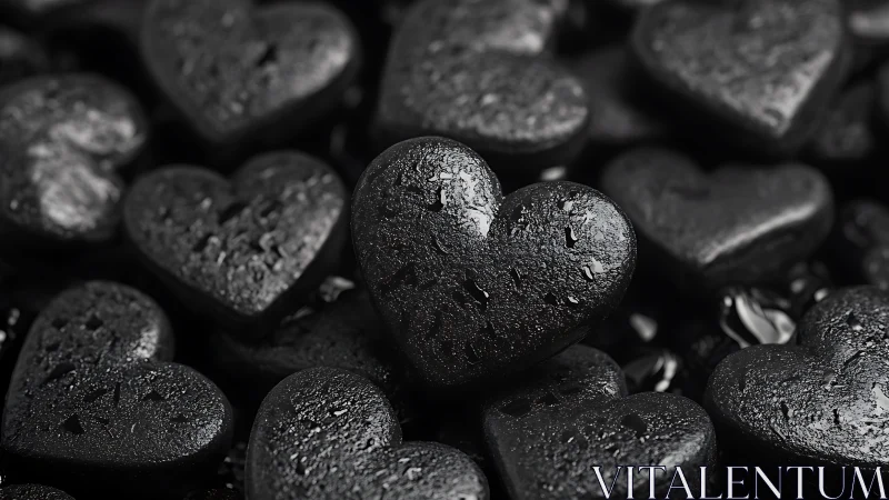 Multiple glossy heart-shaped charcoal forms in monochrome field.