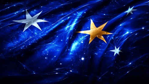 Shimmering golden and silver stars drift across glowing space