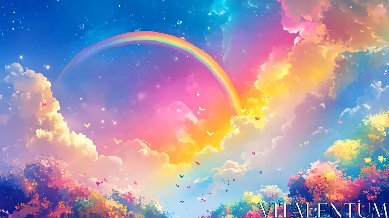 Vivid rainbow arch over glowing pastel clouds at sunset.