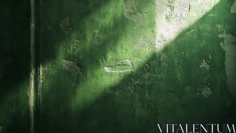 Green painted concrete wall with diagonal light pattern.