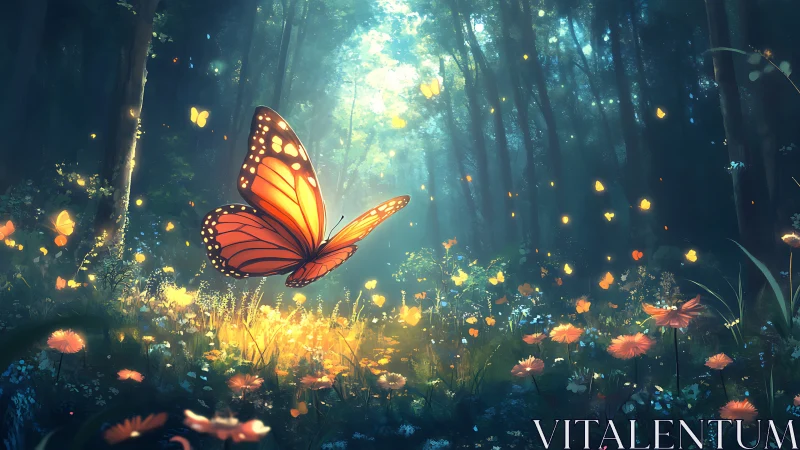 Enchanted Monarch Butterfly in Magical Forest at Sunrise, Digital Art.