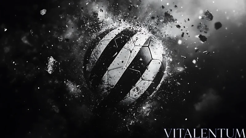 Shattered cosmos bends around a streaking monochrome football