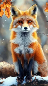 Digital painting of red fox in snowy autumn woodland portrait.