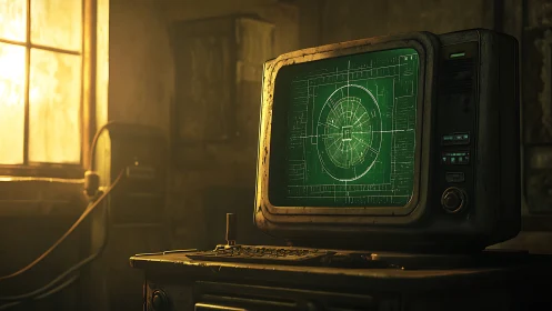 Retro radar terminal glows in dusty industrial control room