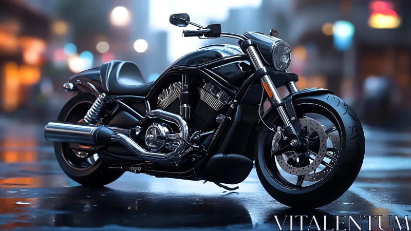 Low-angle render of black V-twin cruiser motorcycle on wet street