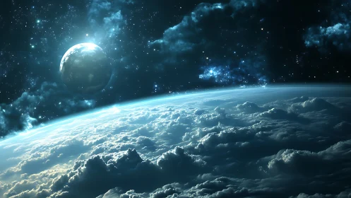 Planetary horizon shows clouded atmosphere and distant world