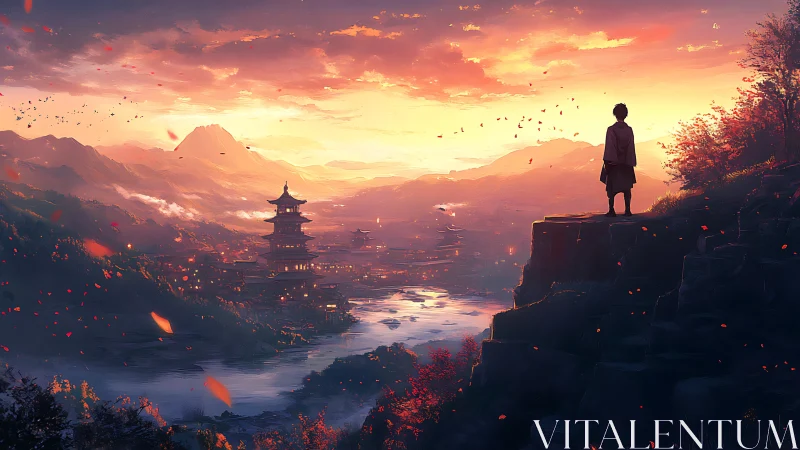 Silhouette observing valley city under structured sunset sky.