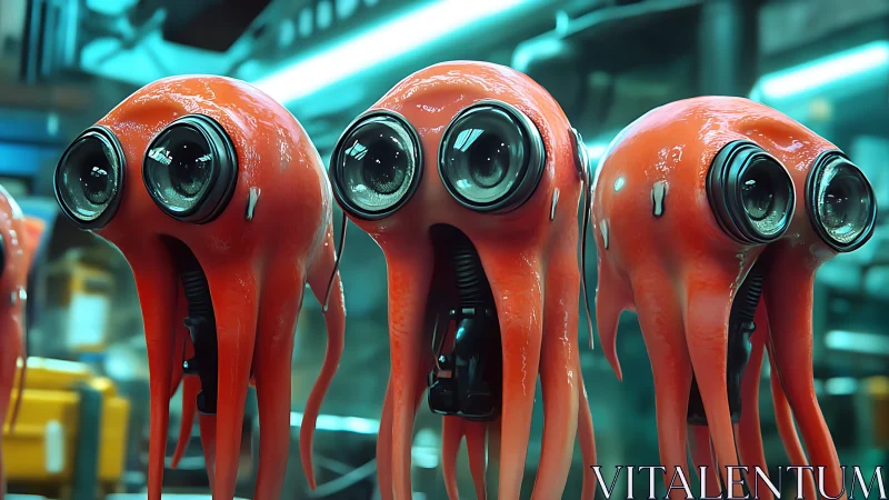 Glowing lens-eyed robot squids lined up in neon lab.