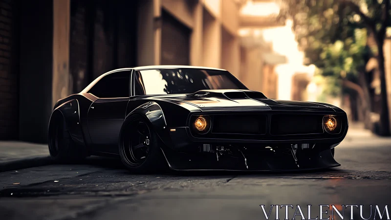 Midnight muscle car cruising a sunlit city backstreet.