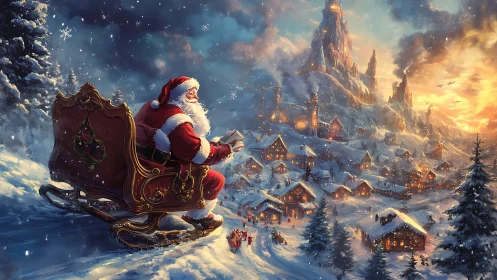 Santa in ornate sleigh overlooking luminous winter village.
