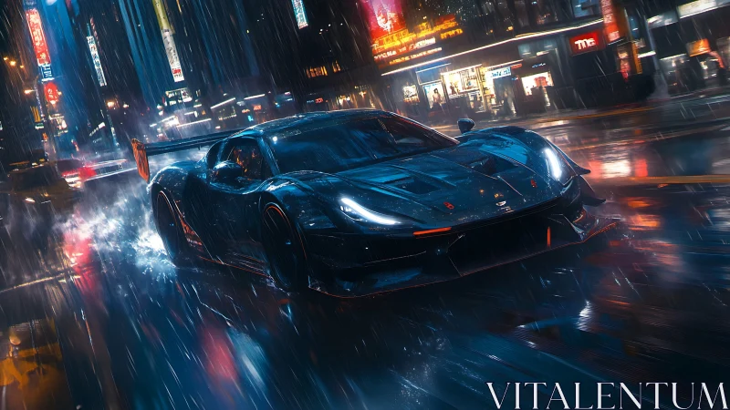 Midnight hypercar carves neon rain through electric city streets