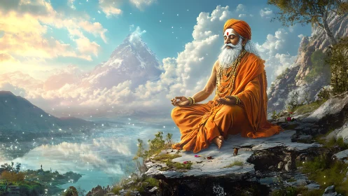 Hermit in orange robes meditating over glacial mountain lake.