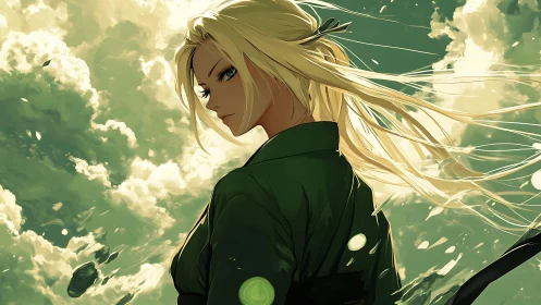 Wind-swept anime swordswoman rendered in dynamic green atmosphere
