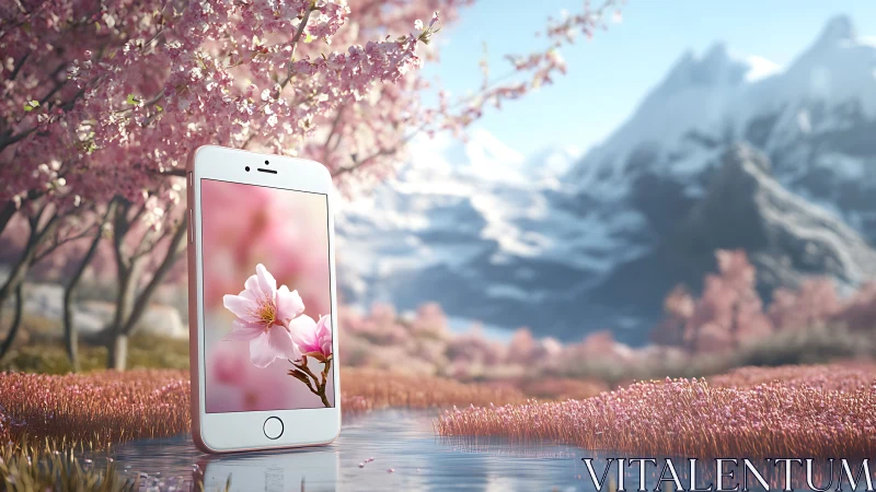 Smartphone with cherry blossoms in serene mountain landscape.