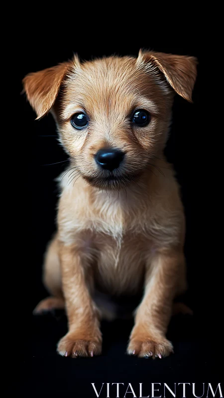 Soft-lit tan puppy portrait against deep black backdrop.