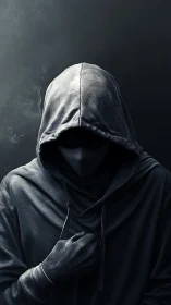 Hooded faceless figure in low key cinematic grayscale lighting.