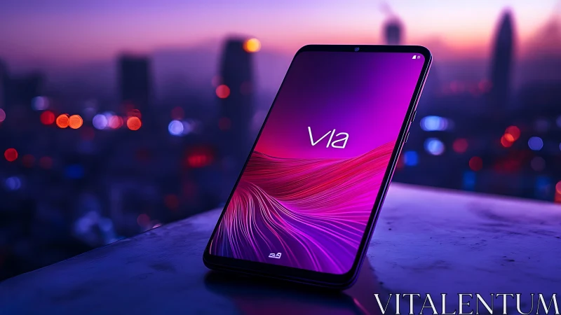 Glowing Smartphone Overlooking a Vibrant Purple City at Twilight