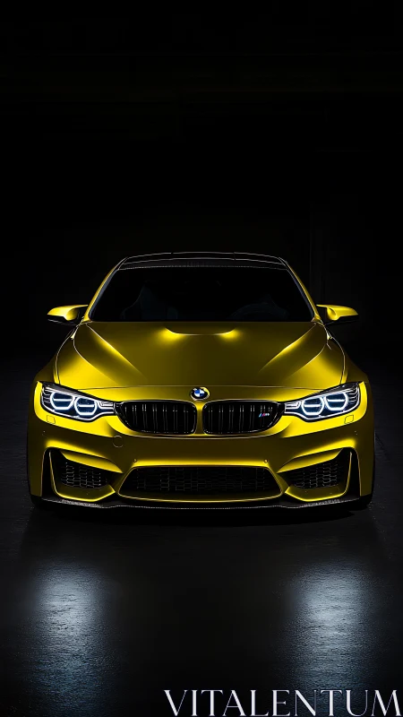 Bold yellow sports car glowing softly in the dark garage.