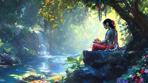 Forest light cradles a jeweled mystic in riverside prayer