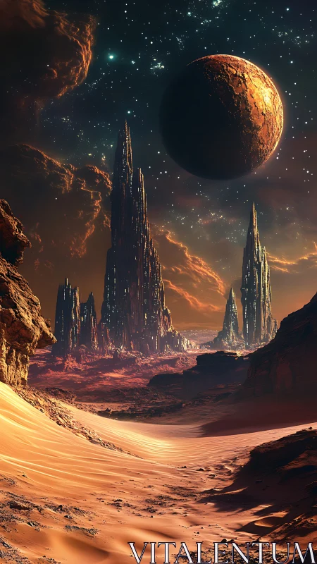 Digital painting of alien desert spires under eclipsing planet.