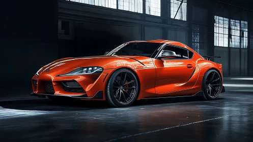 Electric-orange sports coupe under moody industrial light.
