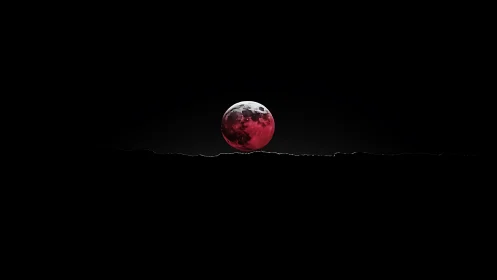 Red lunar sphere rising above a dark minimal horizon.