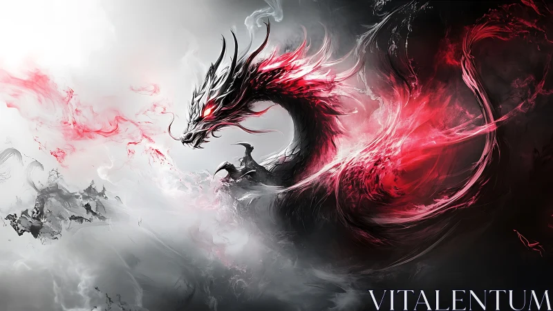 Fiery spirit dragon swirling through stormlit crimson mist.