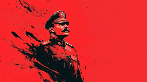 Soviet officer portrait dominates bold red propaganda field.