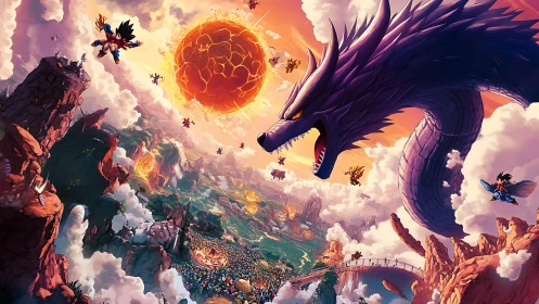 Purple dragon attacks sky warriors over fractured planet