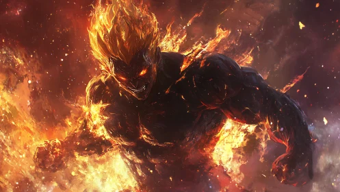 Flaming demon warrior charges through swirling inferno light