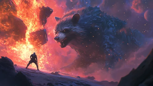 Cosmic warrior confronts colossal flaming space wolf titan