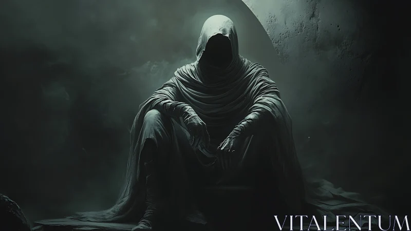 Hooded robed figure seated in dark atmospheric interior.