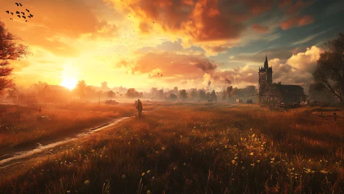 Radiant agrarian horizon with volumetric sunset scattering.