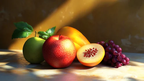 Still life shows assorted fruit arranged on sunlit table
