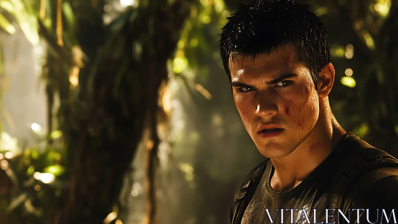 Determined young man with bruised face in dense jungle.