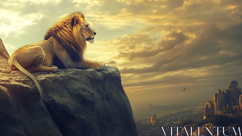 Lion overlooks sunlit valley from rugged cliff edge