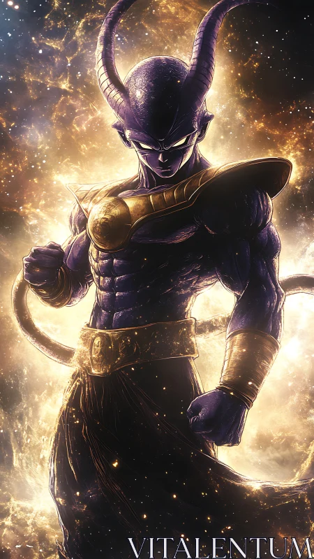 Celestial horned warrior emerging from luminous nebulae.