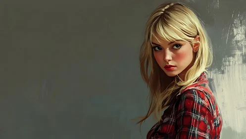 Blonde woman in red plaid shirt against muted background.