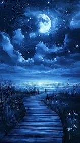 Wooden boardwalk curves toward moonlit ocean horizon