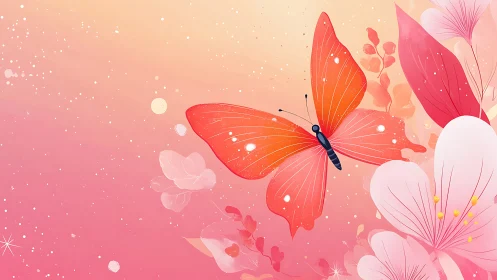 Gradient sky butterfly glides above stylized pink blossoms