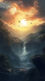 Sunlit misty canyon with waterfalls and distant mountains.