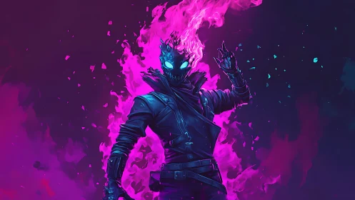 Neon flame wanderer in vivid cosmic street-hero glow.