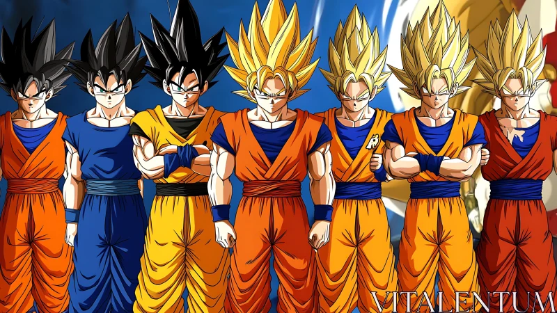 Evolution of spiky-haired warriors in bold cel-shaded lineup.